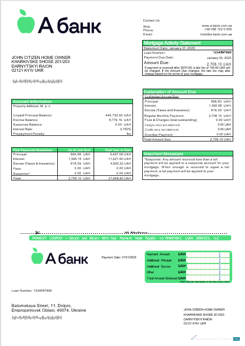 Download Ukraine A Bank mortgage statement in Word and PDF formats Photoshop template